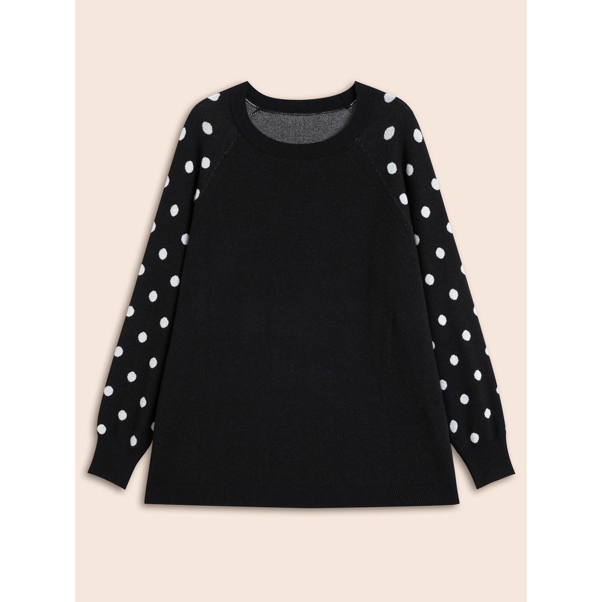 Plus Size Polka Dot Crew Neck Raglan Sleeve Pullover Black Women Casual Loose Long Sleeve Round Neck Everyday Pullovers BloomChic 18-20/2X Product Image