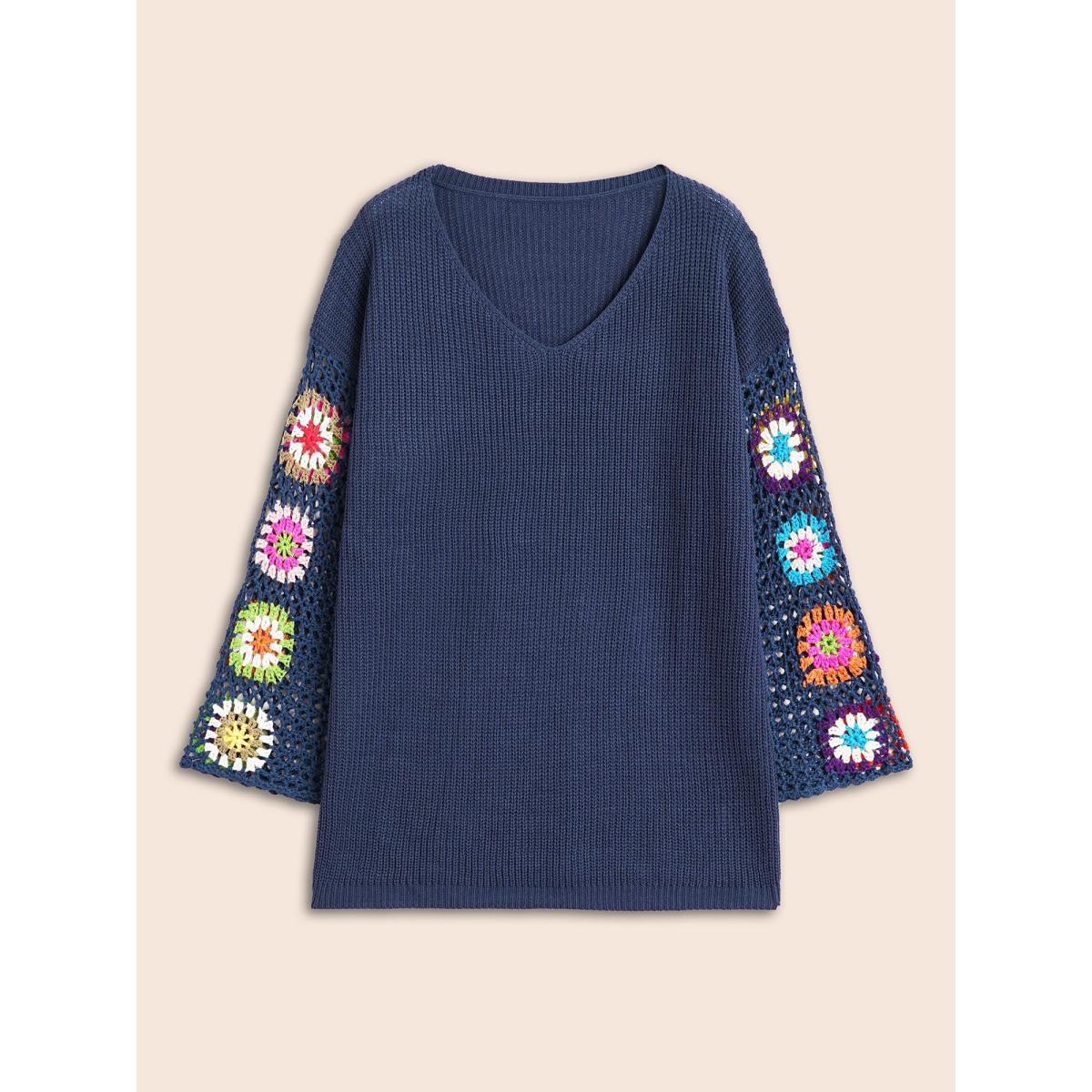 Plus Size Floral Embroidered Hollow Out Pullover Indigo Women Leisure Long Sleeve V-neck Casual Pullovers BloomChic 30/6X Product Image