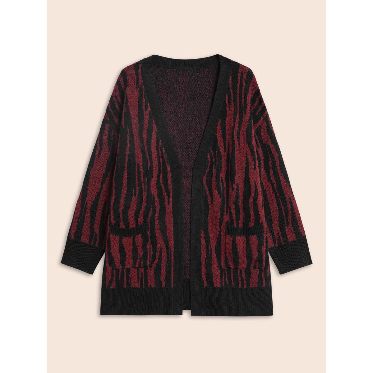 Plus Size Zebra Print Patched Pocket Cardigan Deepred Women Casual Loose Long Sleeve Everyday Cardigans BloomChic 14-16/1X Product Image