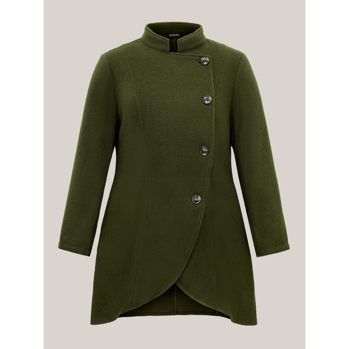 Plus Size Solid Wrap Button Up Asymmetrical Hem Coat Women ArmyGreen Elegant Button Ladies Everyday Winter Coats BloomChic 18-20/2X Product Image