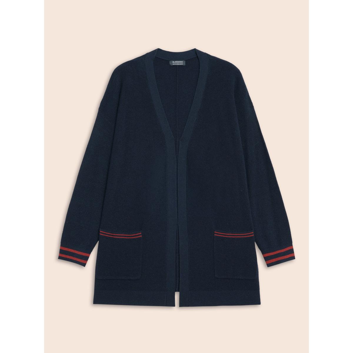 Plus Size Supersoft Essentials Contrast Striped Kimono Collar Cardigan Midnight Women Casual Loose Long Sleeve Everyday Cardigans BloomChic 12/L Product Image