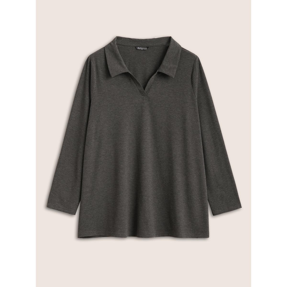 Plus Size Plain Lapel Collar Rib Knit T-shirt DimGray Women Casual Non Plain Lapel Collar Everyday T-shirts BloomChic 14-16/1X Product Image