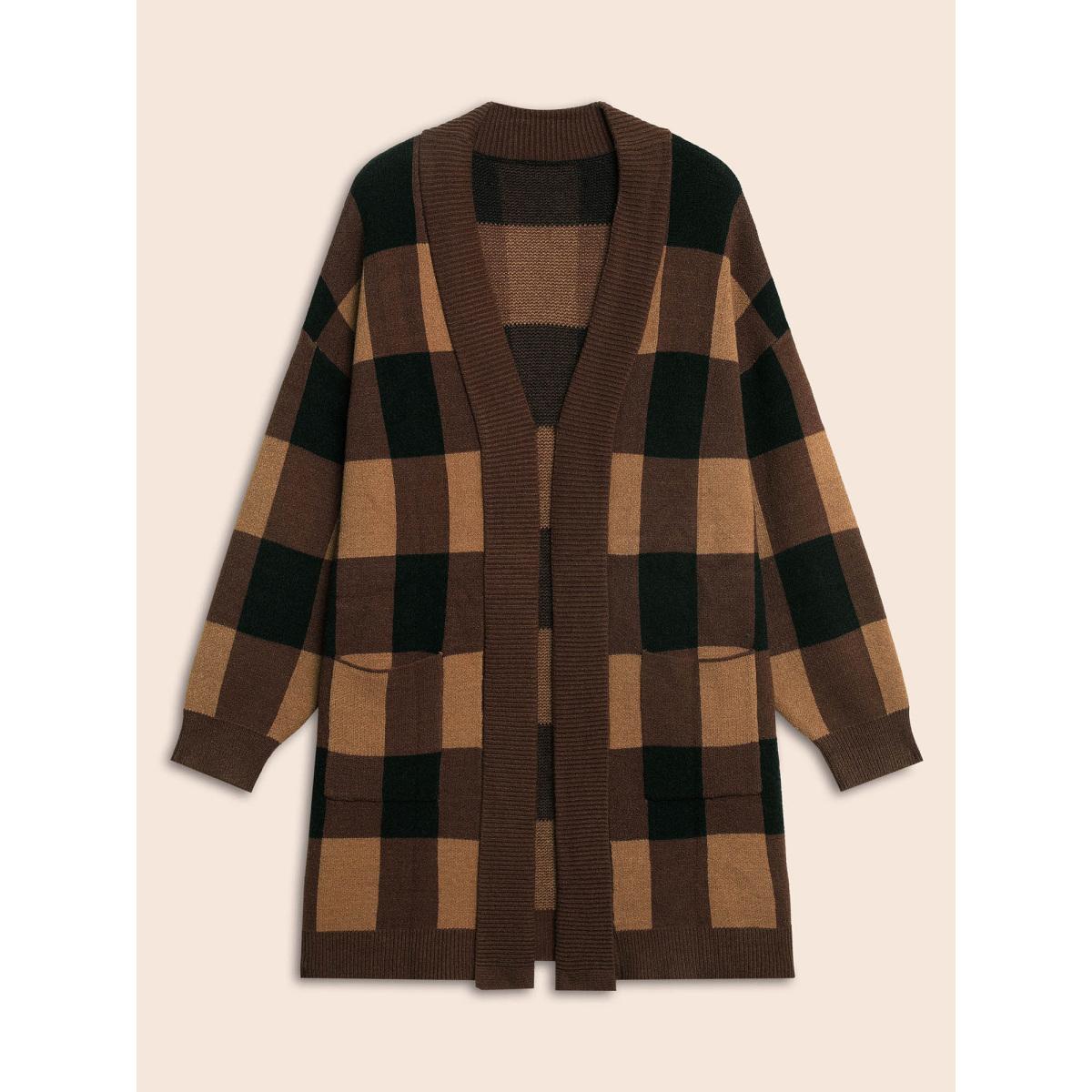 Plus Size Supersoft Essentials Plaid Kimono Collar Cardigan Browncoffeecolor Women Casual Loose Long Sleeve Everyday Cardigans BloomChic 26/4X Product Image