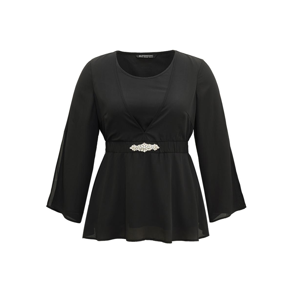 Plus Size Black Solid Chiffon Rhinestone Bell Sleeve Blouse Women Glamour Elbow-length sleeve V-neck Festival-Halloween Blouses BloomChic 18-20/2X Product Image