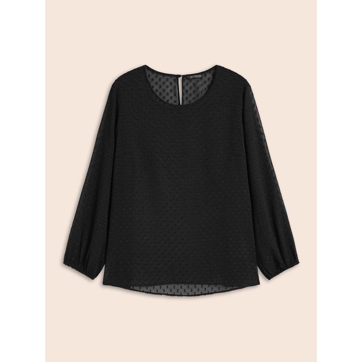 Plus Size Black Appliques Mesh Round Neck Lantern Sleeve Blouse Women Elegant Long Sleeve Round Neck Everyday Blouses BloomChic 22-24/3X Product Image