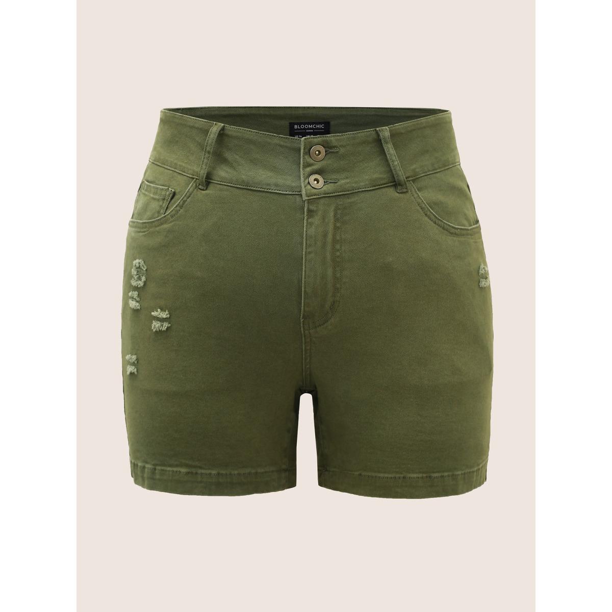 Plus Size Distressed Color Wash Skinny Denim Shorts Women ArmyGreen Non High stretch Everyday Slanted pocket Casual Denim Shorts BloomChic 26/4X Product Image