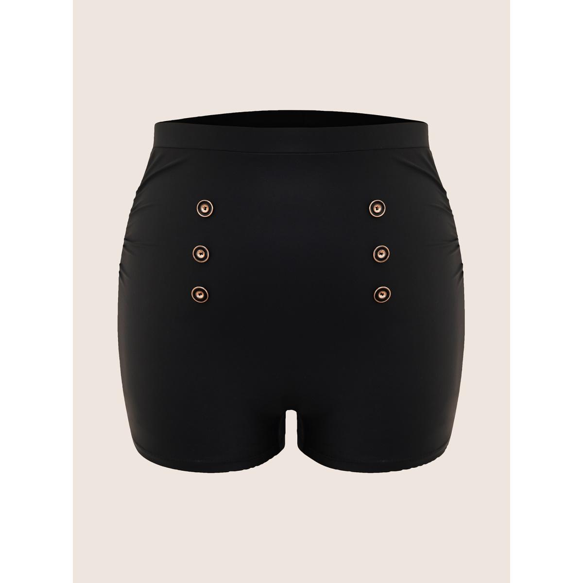 Plus Size Plain Button Detail Skinny Swim Bottom Women's Swimwear Black Beach Button High stretch Skinny High Rise Curve Swim Bottoms BloomChic 10/M Product Image