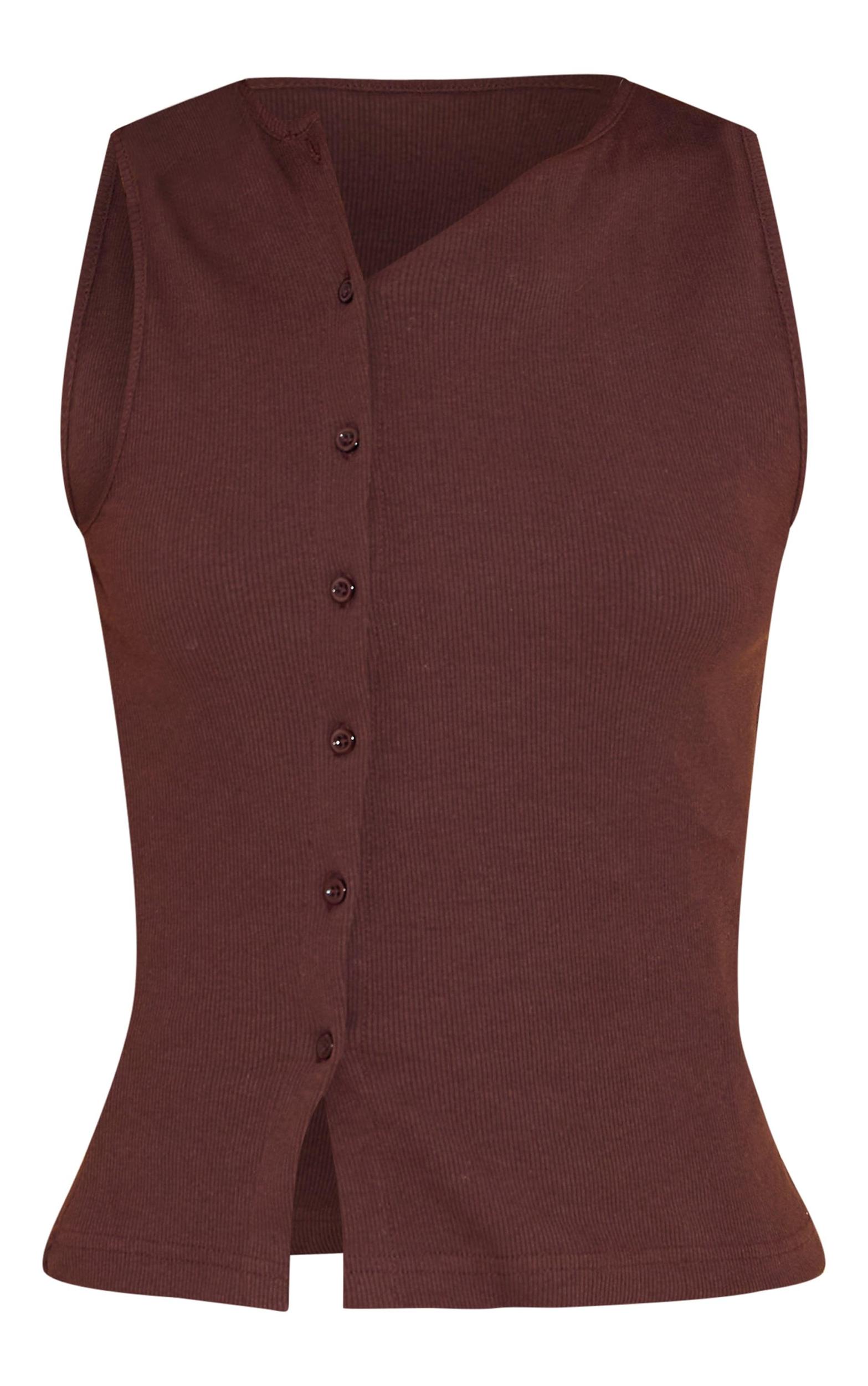 Chocolate Ribbed Asymmetric Button Detail Vest Top Product Image