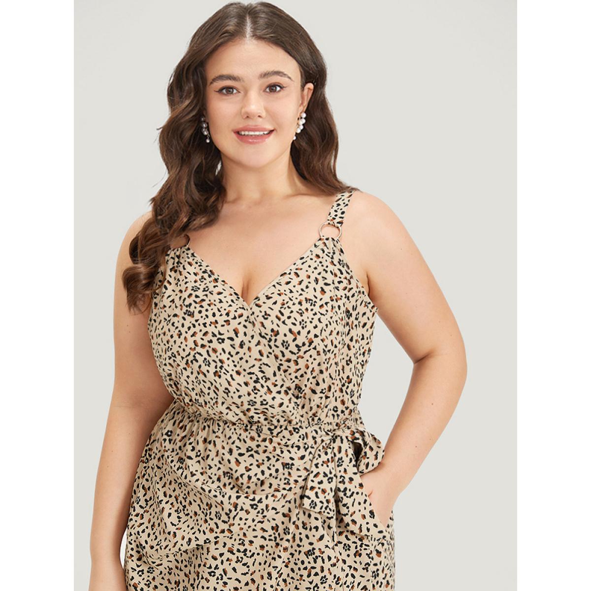 Plus Size Allover Print Ties Wrap Metal Detail Cami Dress LightBrown Women Elegant Knotted Spaghetti Strap Sleeveless Curvy Knee Dress BloomChic 28/5X Product Image