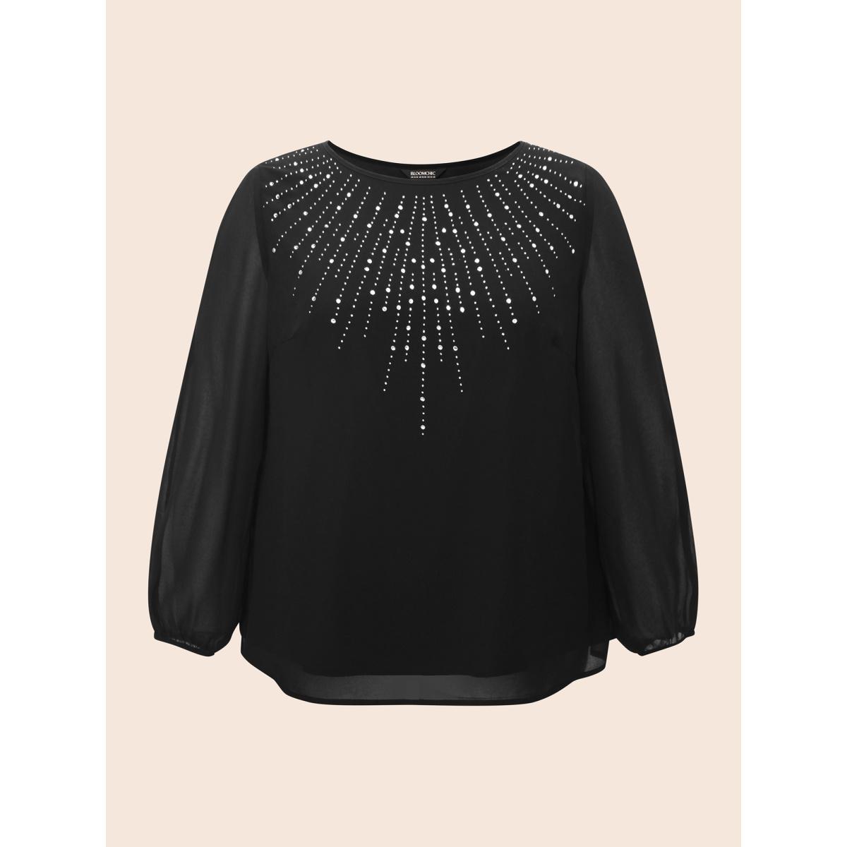 Plus Size Black Rhinestone Cut Out Lantern Sleeve Blouse Women Cocktail Long Sleeve Round Neck Party Blouses BloomChic 12/L Product Image