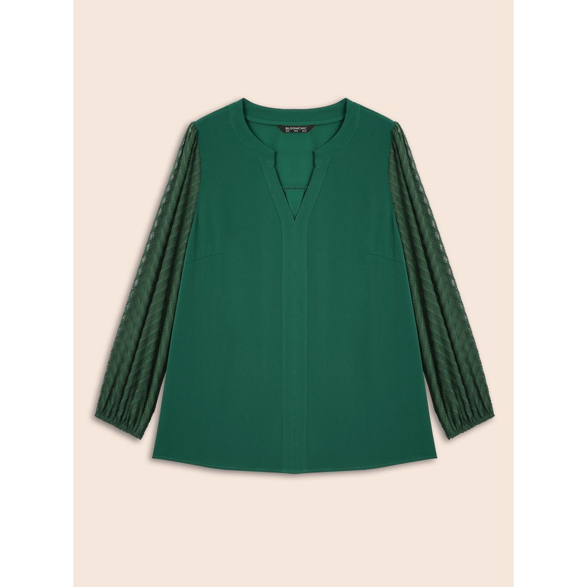 Plus Size DarkGreen Solid Textured Notched Collar Pleated Blouse Women Elegant Long Sleeve Flat collar with V-notch Everyday Blouses BloomChic 26/4X Product Image