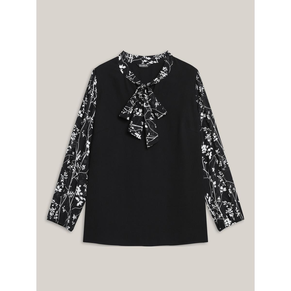 Plus Size Black Floral Patchwork Neck-Tie Blouse Women Elegant Extra Long Sleeve Ribbon-tied collar Everyday Blouses BloomChic 18-20/2X Product Image