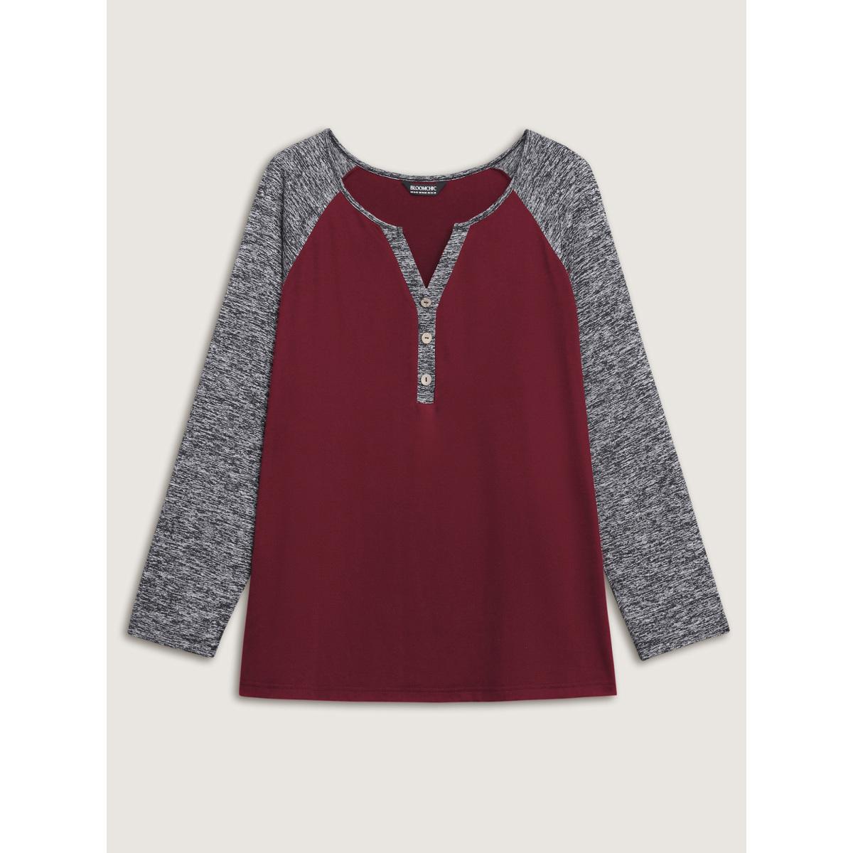 Plus Size Heather Patchwork Button Detail Stretchy T-Shirt Burgundy Women Leisure Contrast Flat collar with V-notch Casual T-shirts BloomChic 18-20/2X Product Image