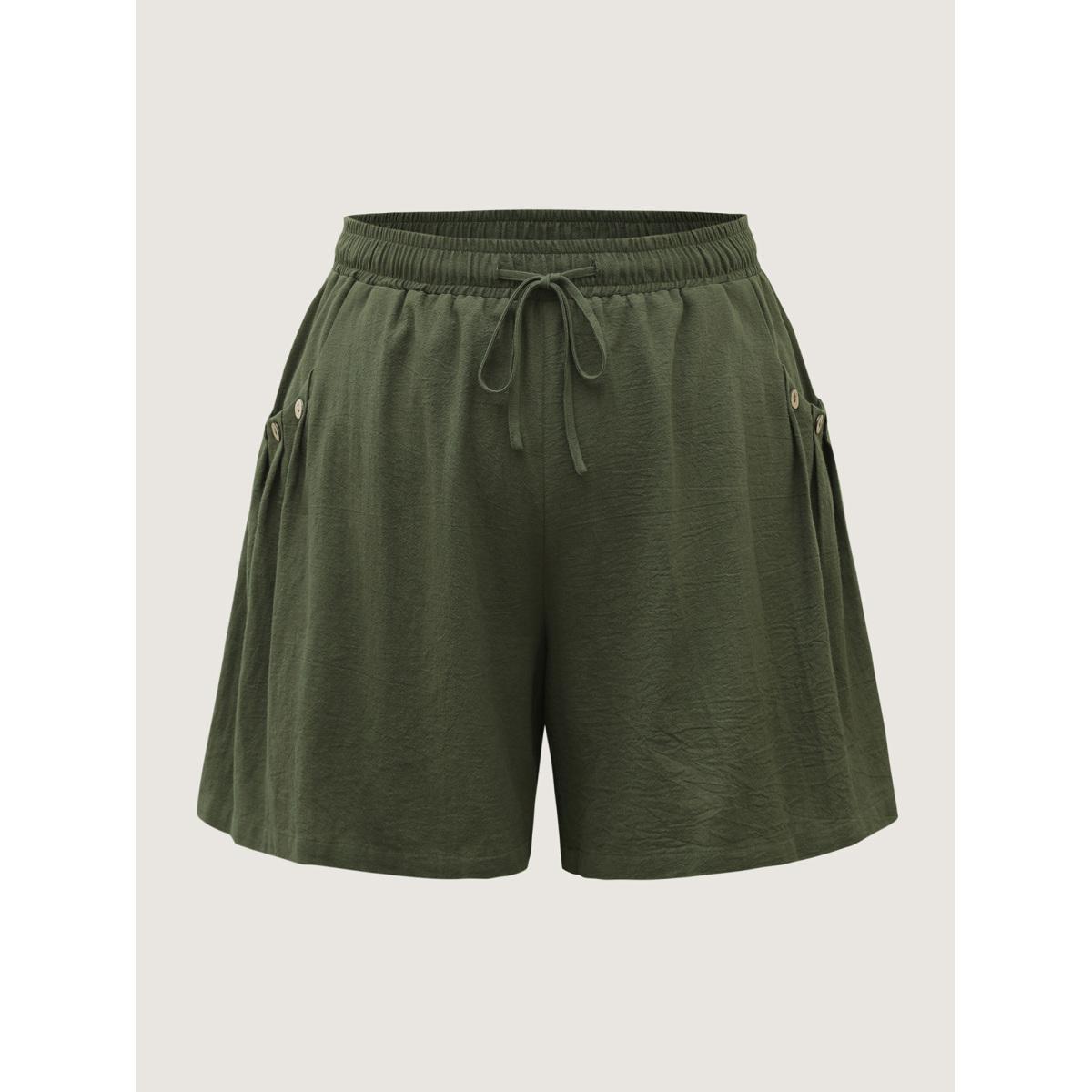 Plus Size Cotton Drawstring Waist Straight-Leg Shorts Women ArmyGreen Boho Drawstring Straight Leg Vacation Shorts BloomChic 26/4X Product Image