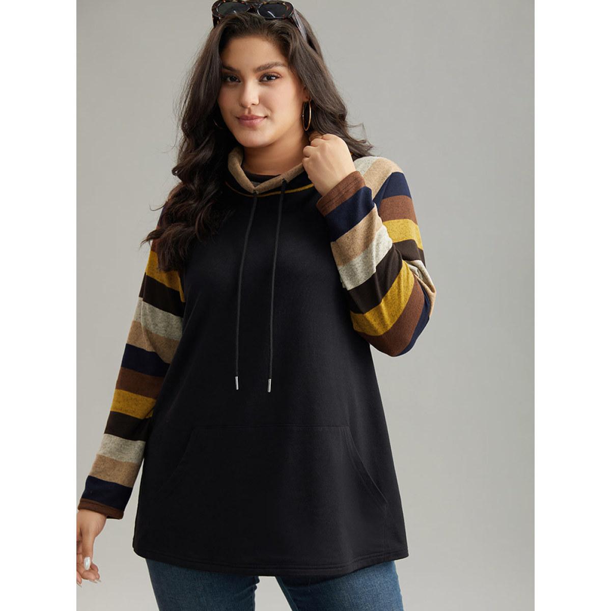 Plus Size Mock Neck Colour Striped Drawstring Sweatshirt Women Black Casual Patchwork Mock Neck Dailywear Sweatshirts BloomChic 26/4X Product Image