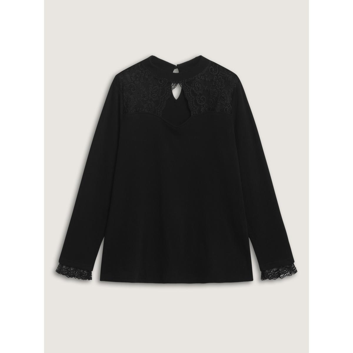 Plus Size Sheer Lace Trim Mock Neck Ribbed T-Shirt Black Women Timeless Stand-up collar Elegant T-shirts BloomChic 12/L Product Image