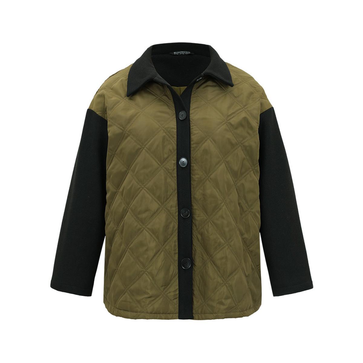 Plus Size Contrast Patchwork Quilted Button Up Jacket Women ArmyGreen Casual Texture Ladies Dailywear Winter Coats BloomChic 18-20/2X Product Image