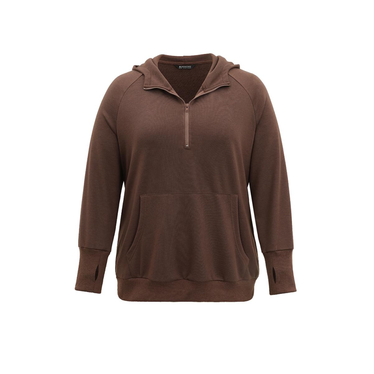 Plus Size Plain Thumb Hole Hooded Kangaroo Pocket Sweatshirt Women DarkBrown Casual Plain Hooded Dailywear Sweatshirts BloomChic 30/6X Product Image