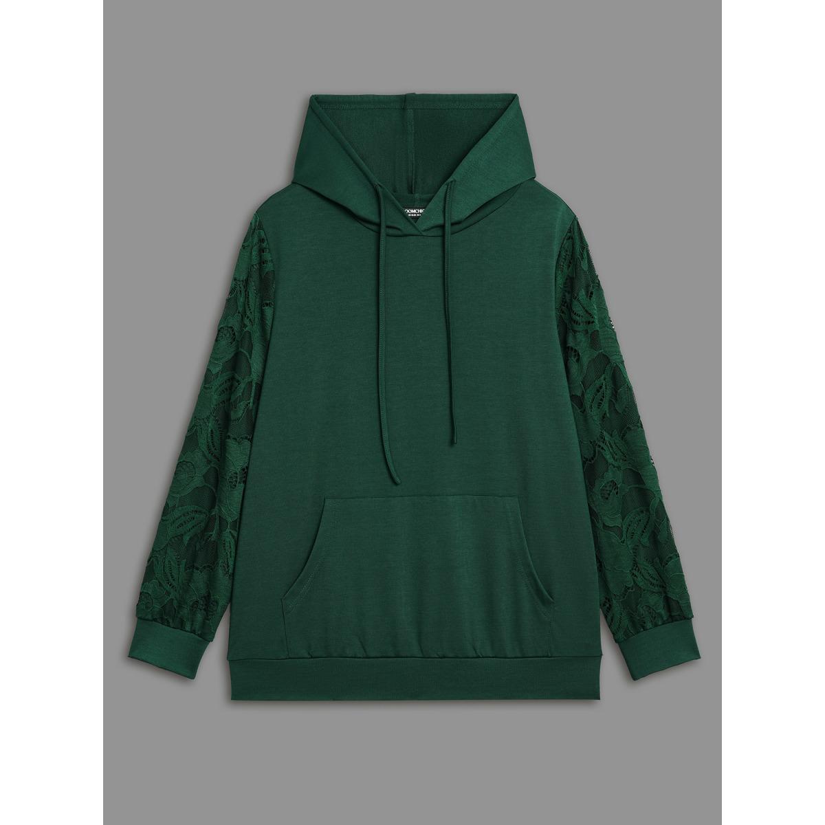 Plus Size Lace Patchwork Pocket Hooded Drawstring Sweatshirt Women DarkGreen Casual Patchwork Hooded Everyday Sweatshirts BloomChic 26/4X Product Image