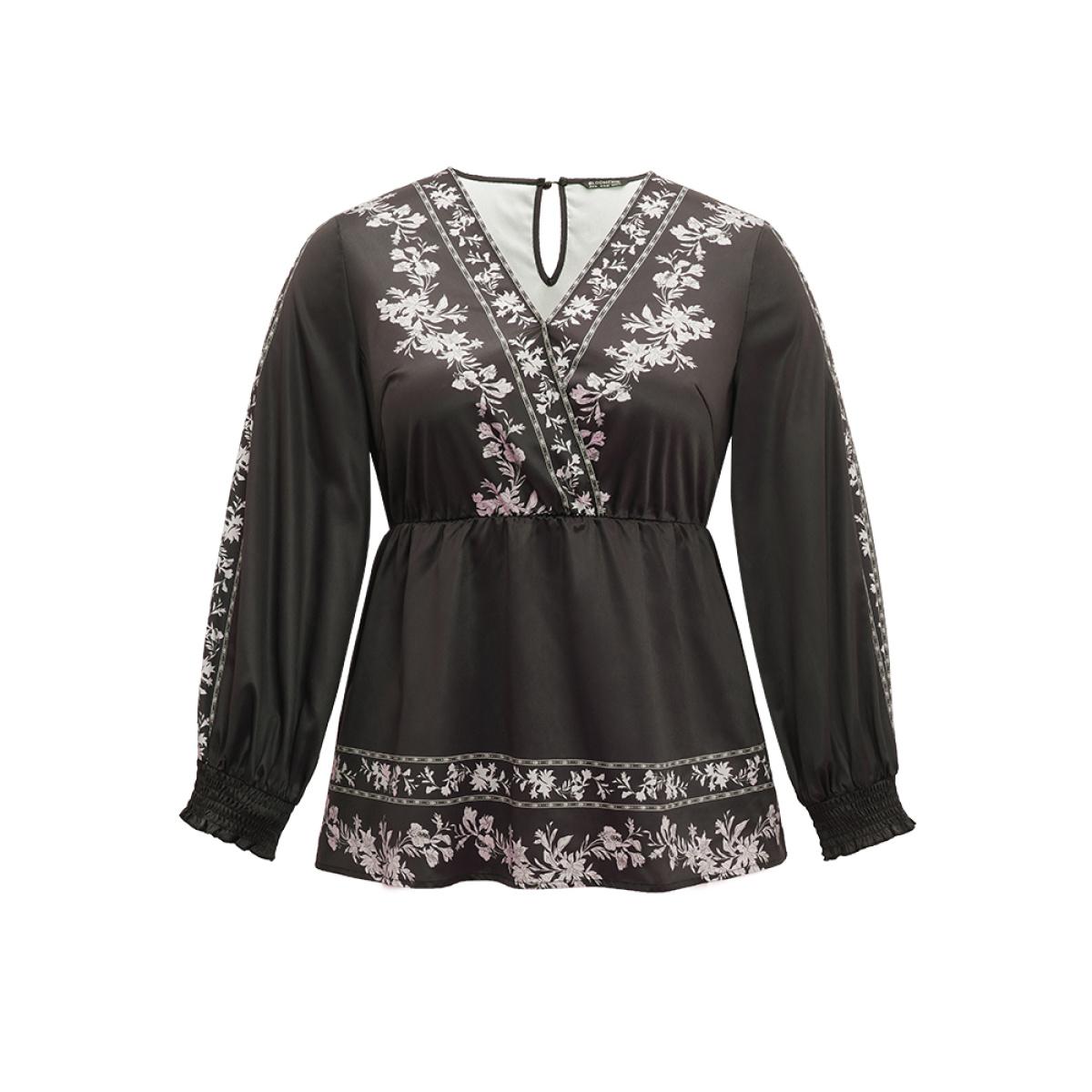 Plus Size BlackFlower Boho Print Shirred Lantern Sleeve Blouse Women Resort Long Sleeve V-neck Vacation Blouses BloomChic 12/L Product Image
