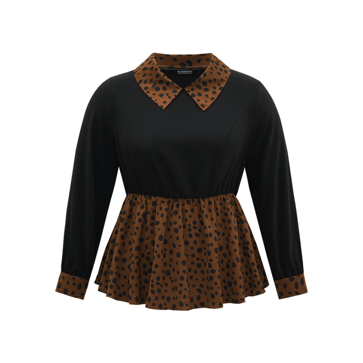 Plus Size Black Leopard Patchwork Elastic Waist Blouse Women Elegant Long Sleeve Lapel Collar Dailywear Blouses BloomChic 18-20/2X Product Image