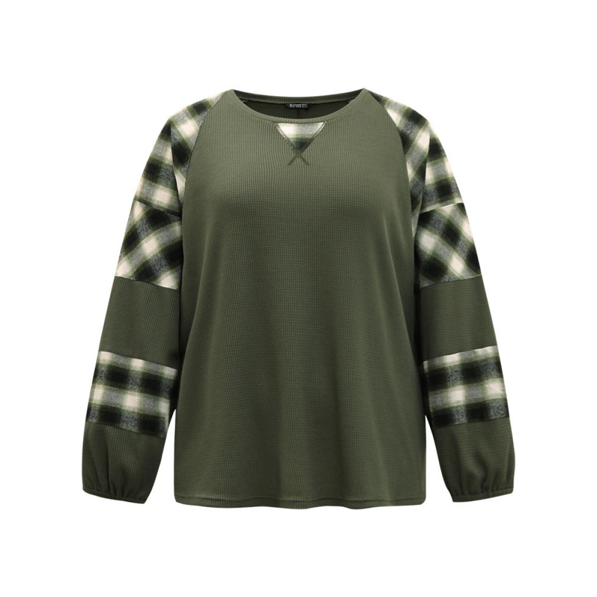 Plus Size Plaid Patchwork Rib Knit Elastic Cuffs Sweatshirt ArmyGreen Women Casual Elastic cuffs Plaid Round Neck Dailywear T-shirts BloomChic 14-16/1X Product Image