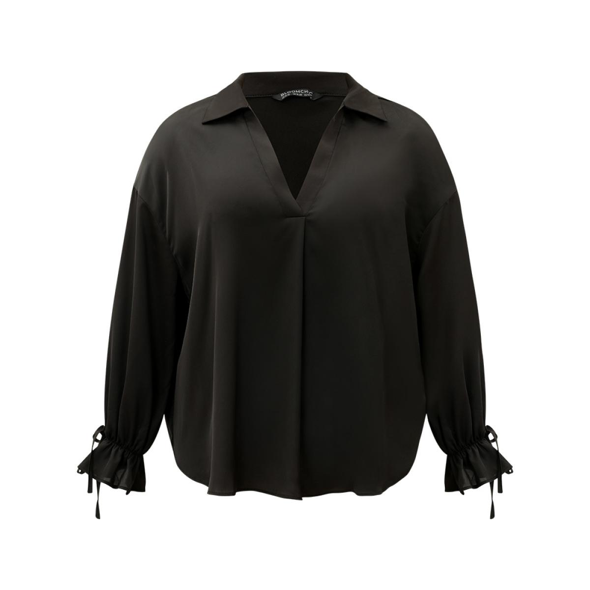 Plus Size Black Knot Pleated Lantern Sleeve Blouse Women Office Long Sleeve Shirt collar Work Blouses BloomChic 28/5X Product Image