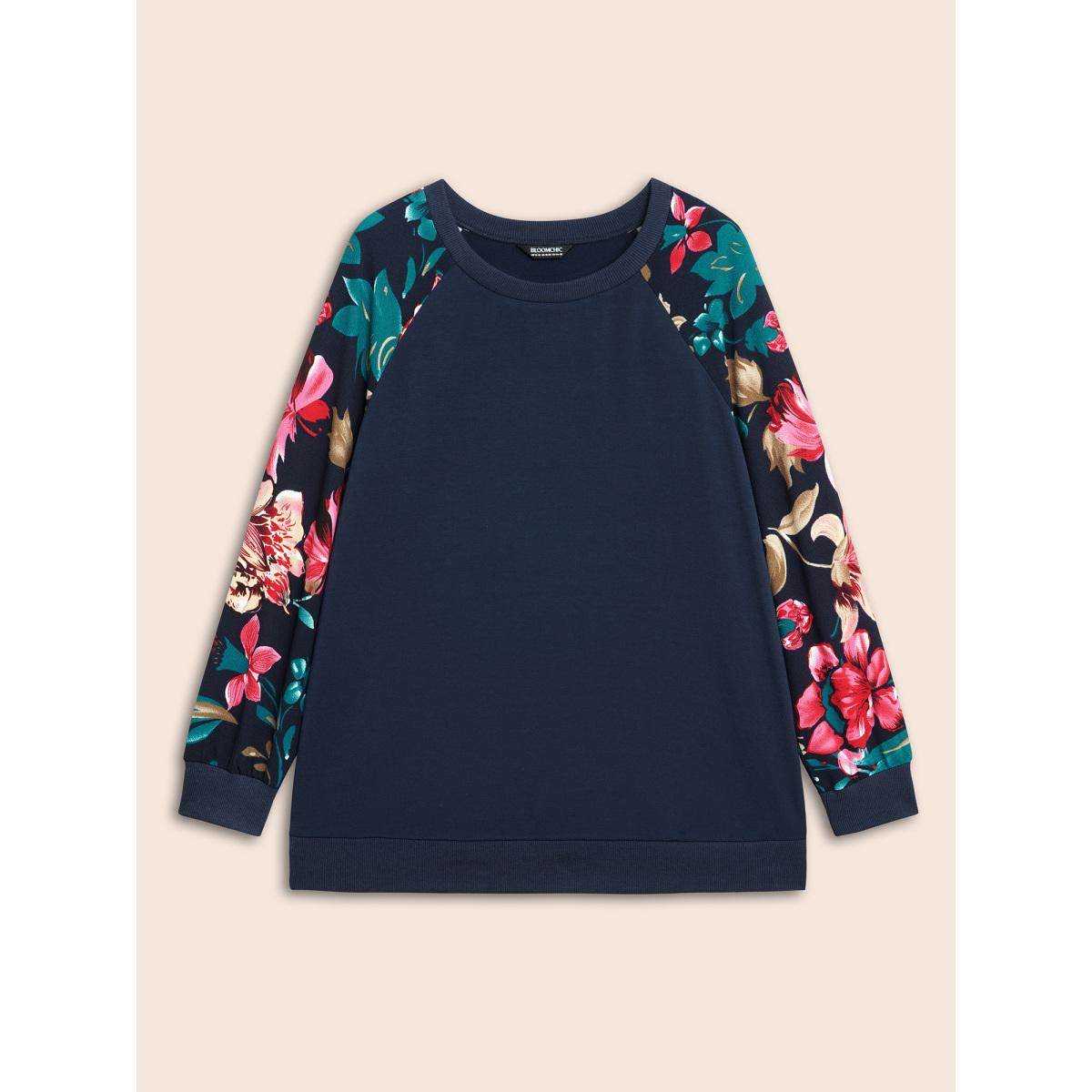 Plus Size Floral Patchwork Raglan Sleeve Sweatshirt Women DarkBlue Elegant Contrast Round Neck Everyday Sweatshirts BloomChic 18-20/2X Product Image