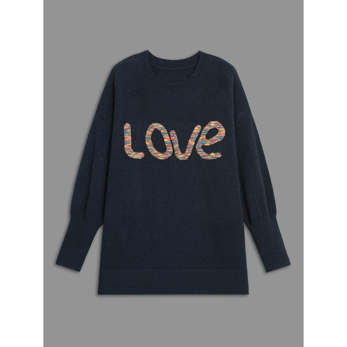 Plus Size Supersoft Essentials Love Pattern Heather Pullover Indigo Women Playful Loose Long Sleeve Round Neck Casual Pullovers BloomChic 18-20/2X Product Image