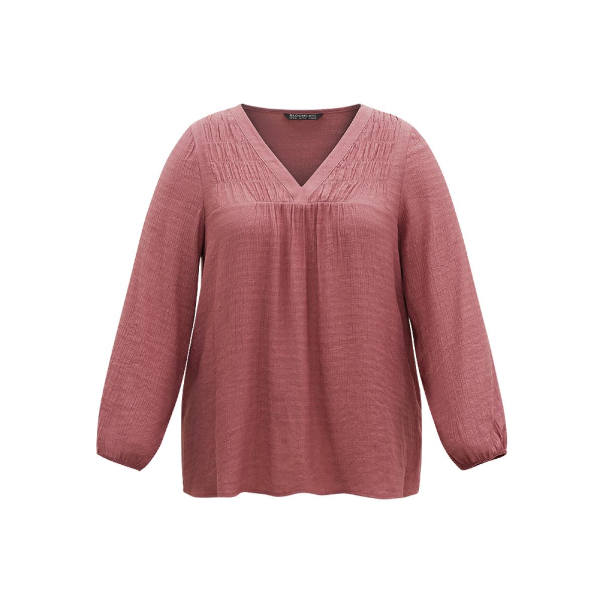 Plus Size DustyPink Plain Gathered Texture Lantern Sleeve Blouse Women Elegant Long Sleeve V-neck Dailywear Blouses BloomChic 14-16/1X Product Image