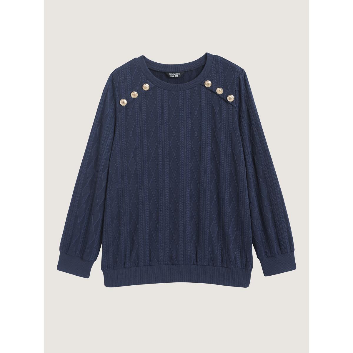 Plus Size Shoulder Button Textured Solid Sweatshirt Women Navy Office Round Neck Office Sweatshirts BloomChic 14-16/1X Product Image
