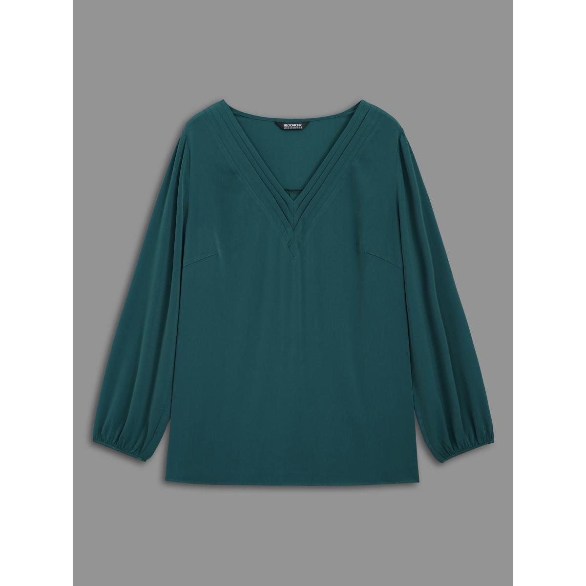 Plus Size DarkSlateGray V Neck Pleated Lantern Sleeve Blouse Women At the Office Long Sleeve V-neck Office Blouses BloomChic 22-24/3X Product Image