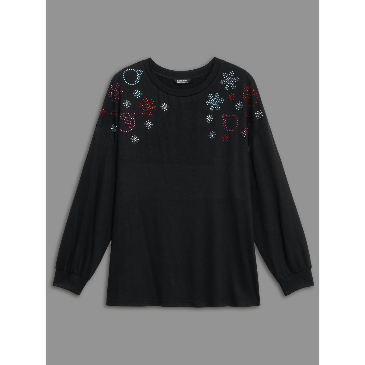Plus Size Rhinestone Embellished Shoulder Round Neck Tee Black Women Casual Rhinestone detailing Round Neck Everyday T-shirts BloomChic 14-16/1X Product Image