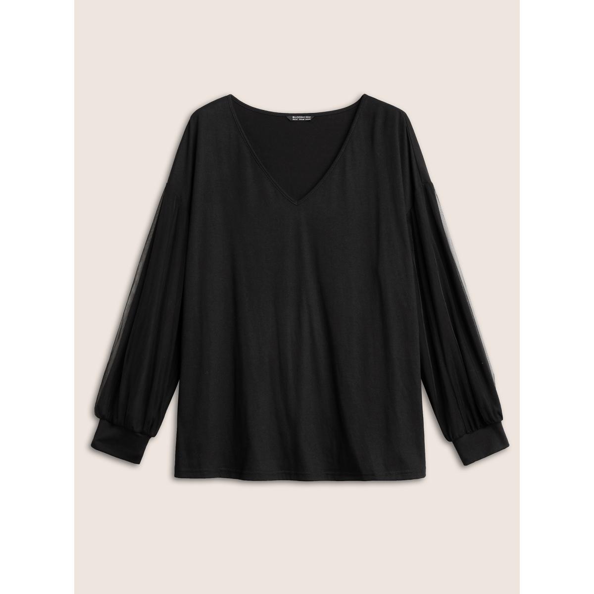 Plus Size Plain Tiered Mesh Patchwork T-shirt Black Women Elegant Non Plain V-neck Everyday T-shirts BloomChic 12/L Product Image