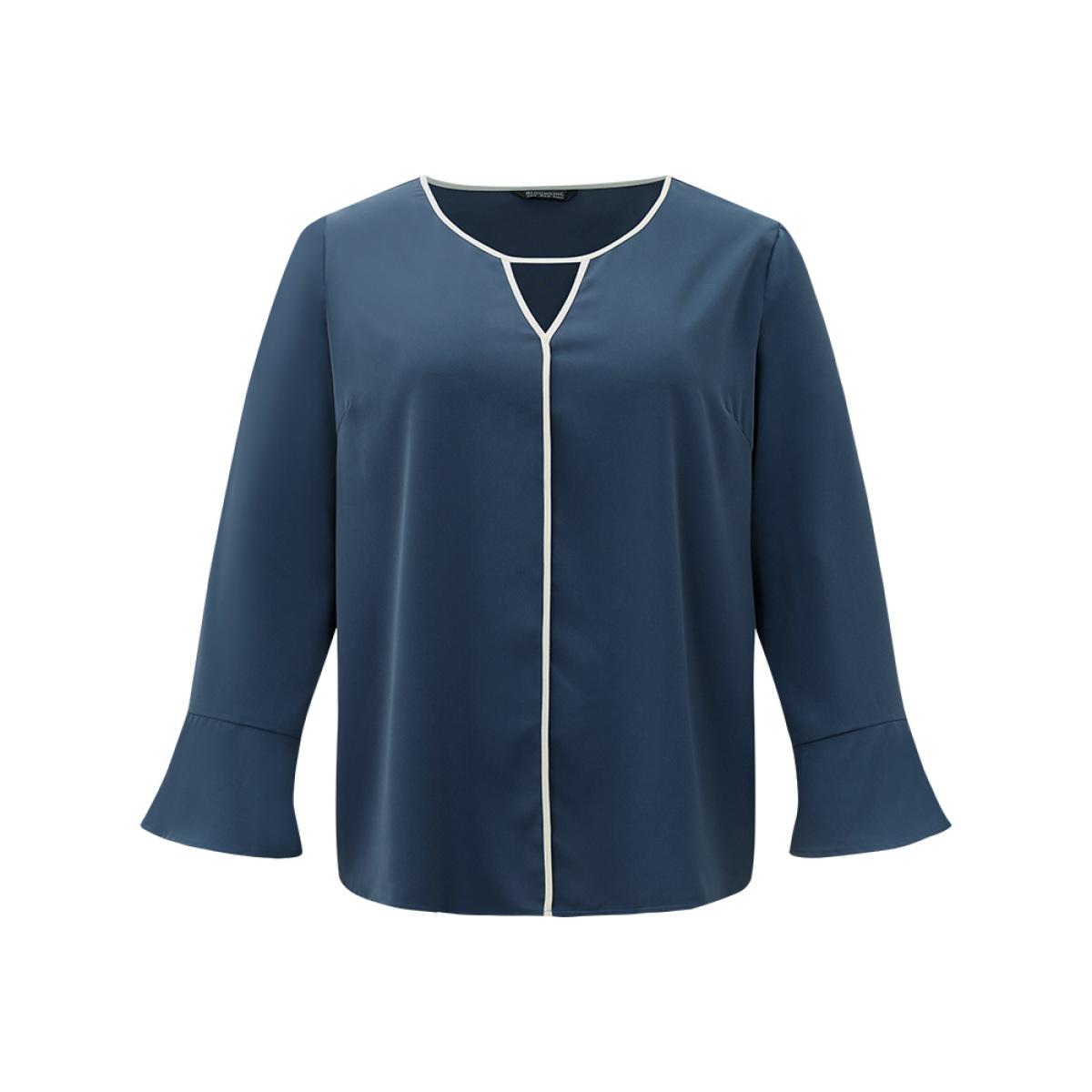 Plus Size Indigo Two Tone Keyhole Bell Sleeve Blouse Women Office Long Sleeve Keyhole Cut-Out Office Blouses BloomChic 28/5X Product Image