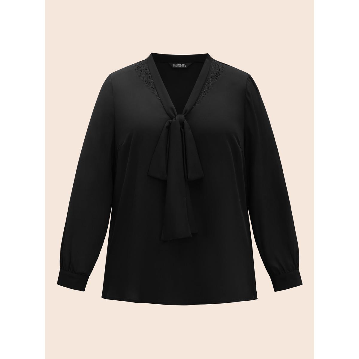 Plus Size Black Lace-Trimmed Adjustable Ties Blouse Women Elegant Long Sleeve Ribbon-tied collar Everyday Blouses BloomChic 14-16/1X Product Image