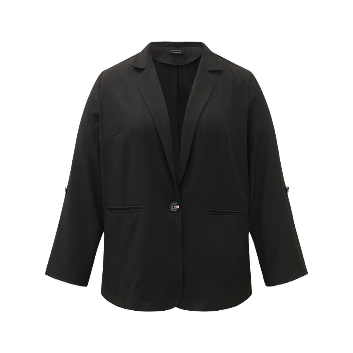Plus Size Contrast Suit Collar Button Up Pocket Tab Sleeve Blazer Indigo Women Work Plain Contrast Sleeve Long Sleeve Lapel Collar 14-16/1X Pocket Office Blazers BloomChic Product Image