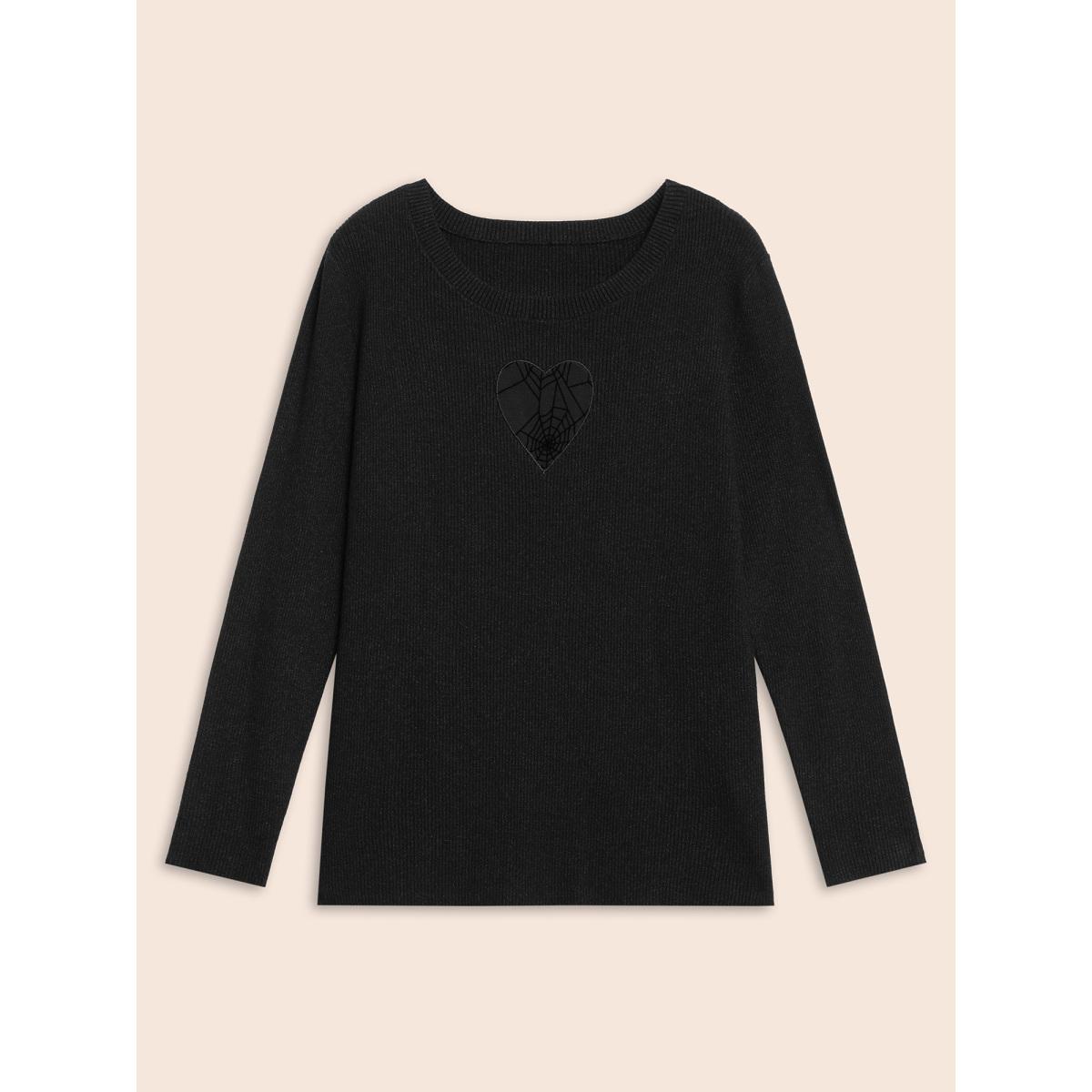 Plus Size Supersoft Essentials Webbed Sheer Heart Slim-fit Pullover Black Women Casual Long Sleeve Round Neck Everyday Pullovers BloomChic 10/M Product Image