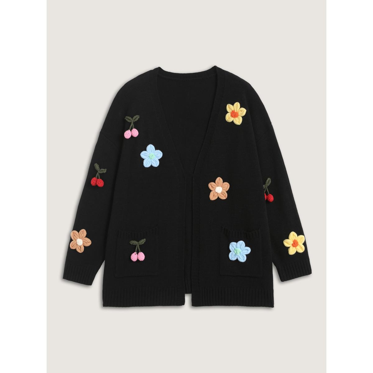 Plus Size Crochet Floral Front-Open Pockets Knit Cardigan Black Women Playful Loose Long Sleeve Casual Cardigans BloomChic 26/4X Product Image