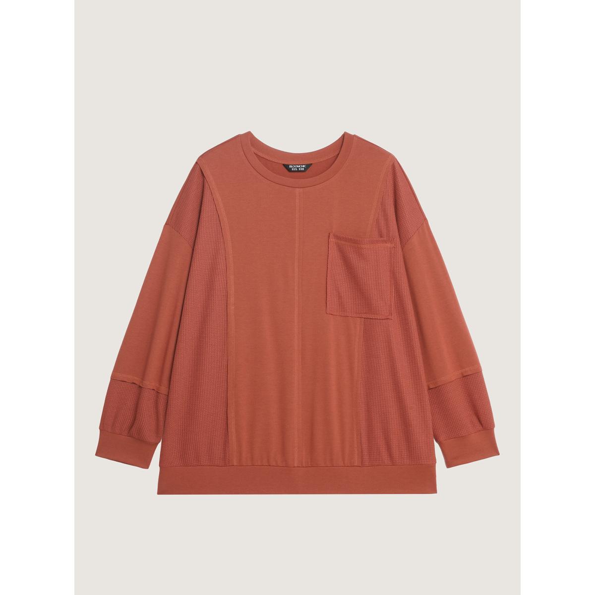 Plus Size Textured Relaxed-Fit Spliced Sweatshirt Women OrangeRed Leisure Round Neck Casual Sweatshirts BloomChic 22-24/3X Product Image