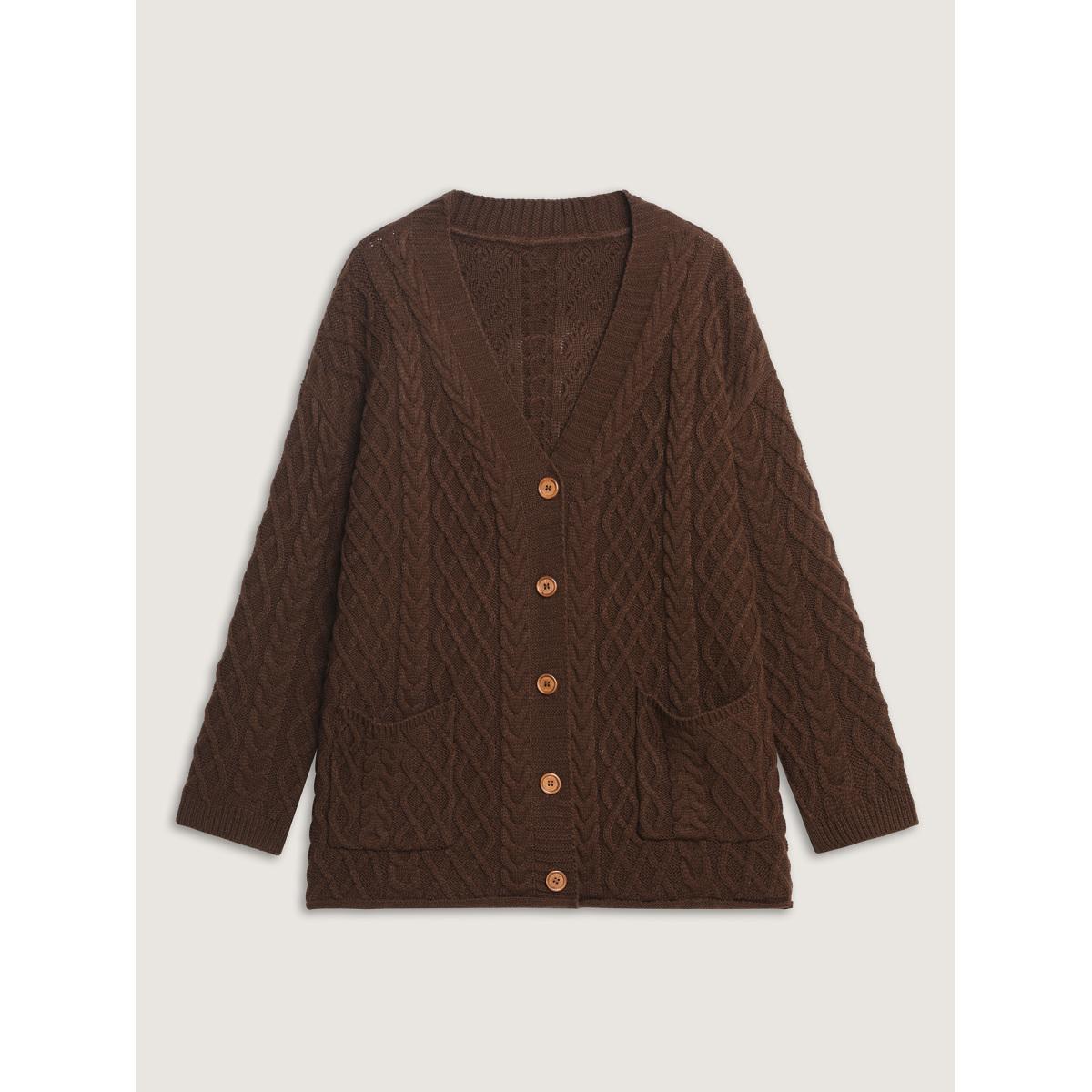 Plus Size Cableknit Textured Button Pocket Knit Cardigan Browncoffeecolor Women Leisure Loose Long Sleeve Casual Cardigans BloomChic 18-20/2X Product Image