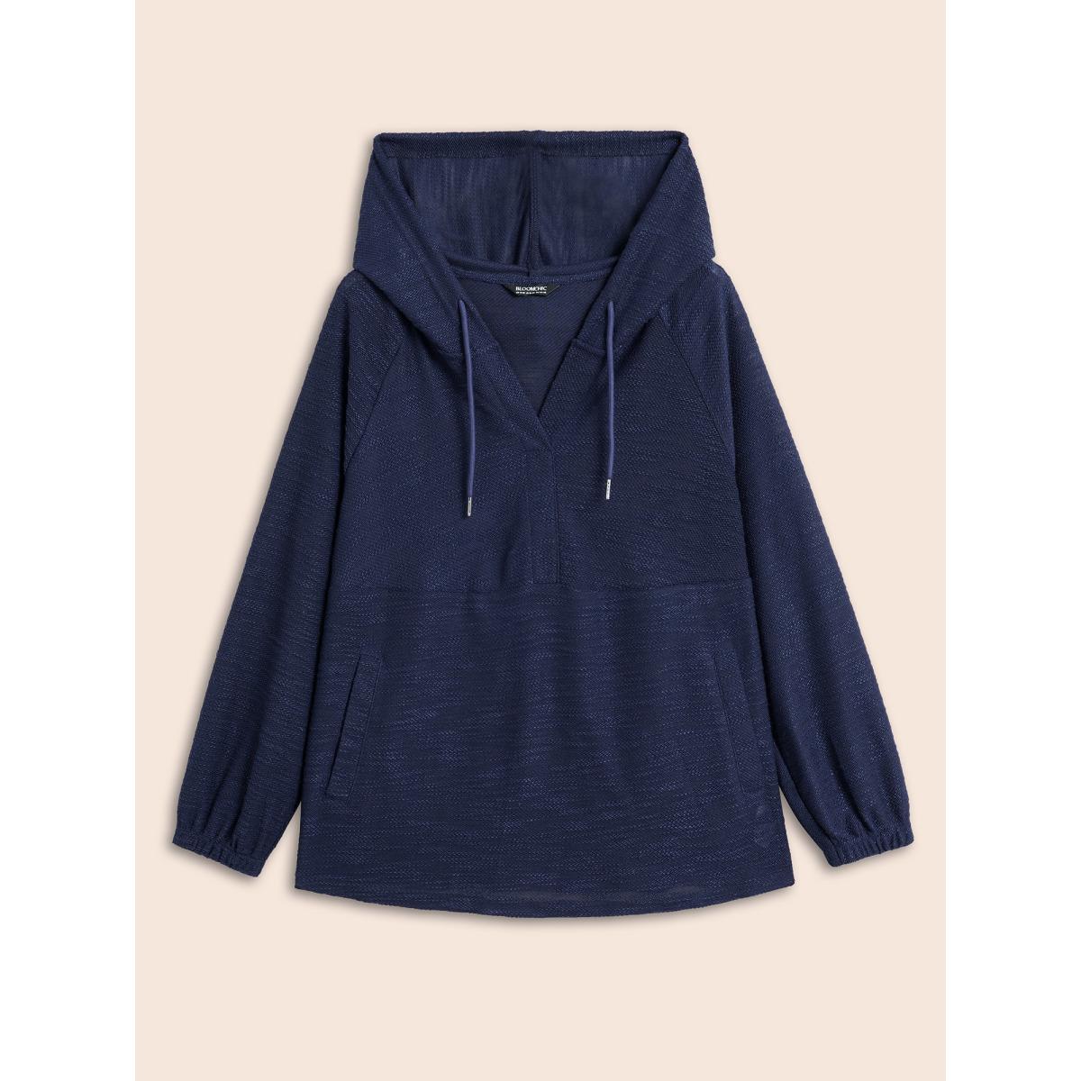 Plus Size Texture Drawstring Pocket Hooded Sweatshirt Women DarkBlue Casual Texture Loose Hooded Everyday Sweatshirts BloomChic 14-16/1X Product Image