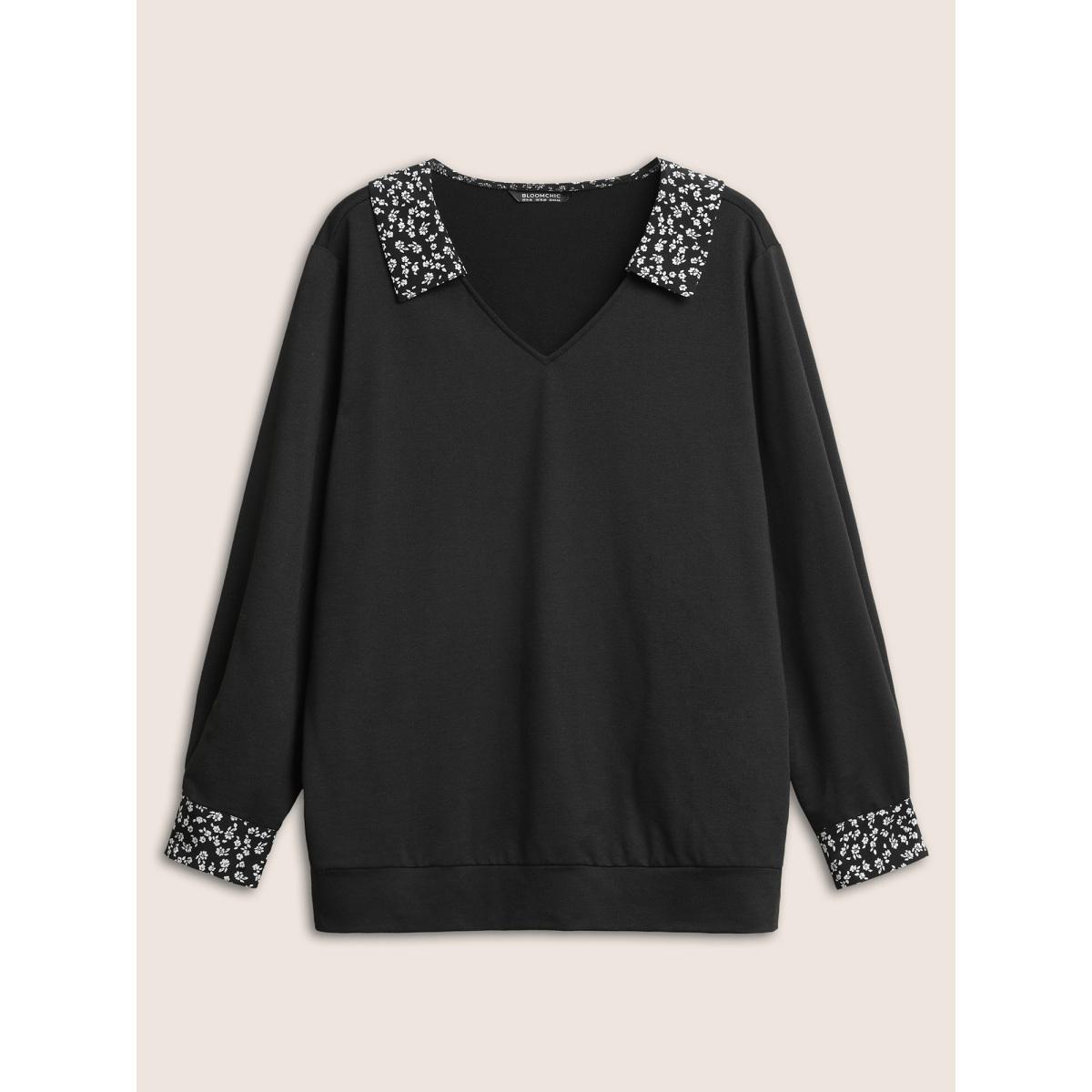 Plus Size Ditsy Floral Patchwork Shirt Collar Sweatshirt Women Black Casual Patchwork Shirt collar Everyday Sweatshirts BloomChic 26/4X Product Image