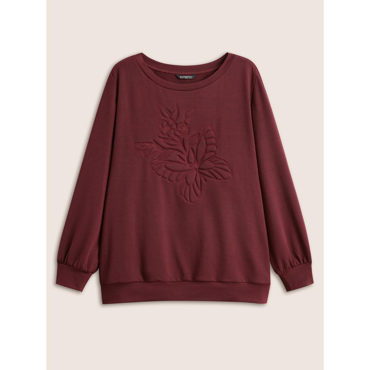 Plus Size Butterfly & Floral Embroidered Crew Neck Sweatshirt Women Burgundy Casual Non Round Neck Everyday Sweatshirts BloomChic 26/4X Product Image