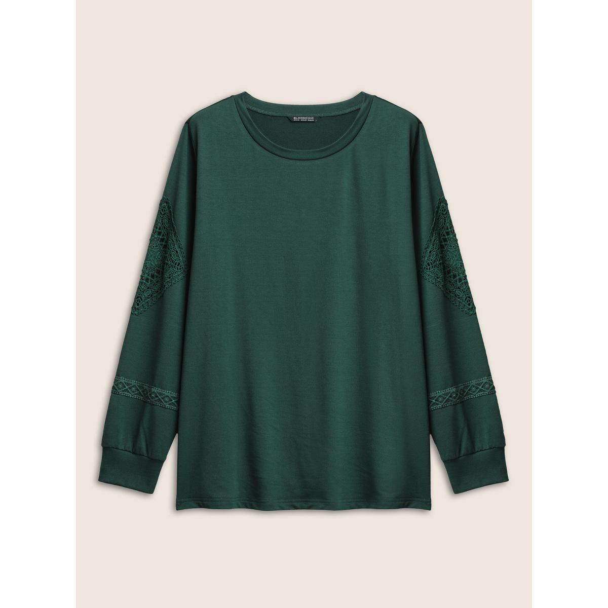 Plus Size Plain Guipure Lace Eyelet Sweatshirt Women DarkGreen Casual Cut-Out Round Neck Everyday Sweatshirts BloomChic 10/M Product Image