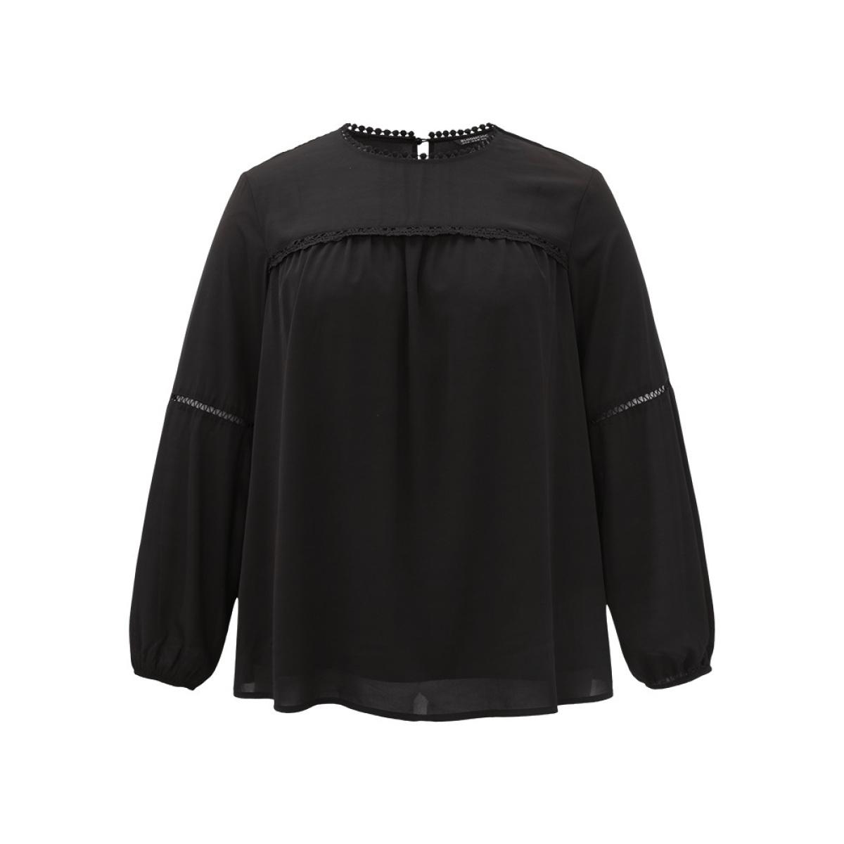 Plus Size Black Anti-Wrinkle Pompom Trim Guipure Lace Keyhole Blouse Women Office Long Sleeve Round Neck Dailywear Blouses BloomChic 18-20/2X Product Image