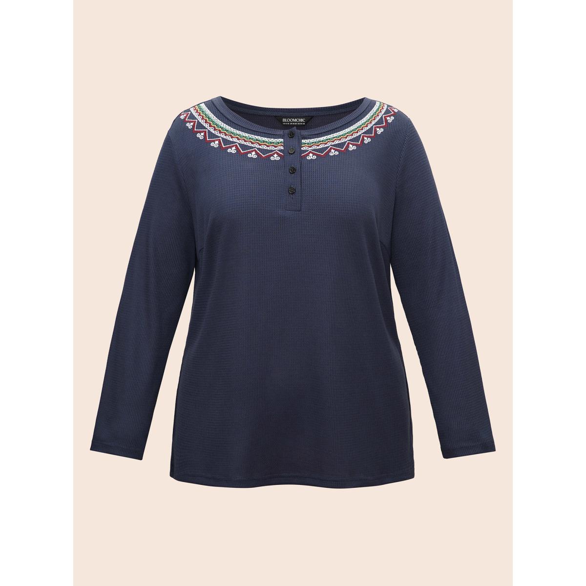 Plus Size Bandana Embroidered Button Up T-shirt Indigo Women Casual Embroidered Art&design Round Neck Everyday T-shirts BloomChic 12/L Product Image