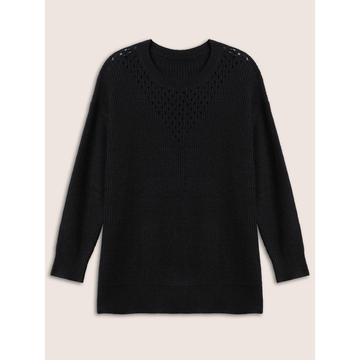 Plus Size Plain Round Neck Hollow Out Drop Shoulder Pullover Black Women Casual Loose Long Sleeve Round Neck Dailywear Pullovers BloomChic 28/5X Product Image