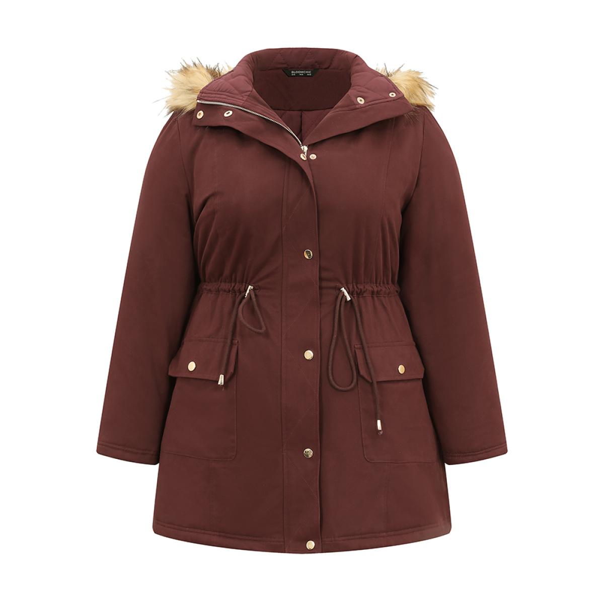 Plus Size Solid Flap Pocket Fuzzy Trim Padded Coat Women Purple Casual Lined Ladies Dailywear Winter Coats BloomChic 12/L Product Image