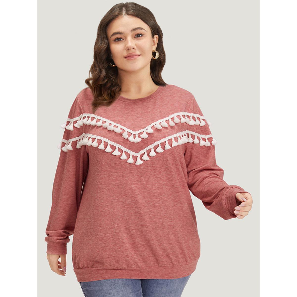 Plus Size plain Heather Crew Neck Tassel Trim Sweatshirt Women Russet Elegant Elastic cuffs Round Neck Dailywear Sweatshirts BloomChic 12/L Product Image